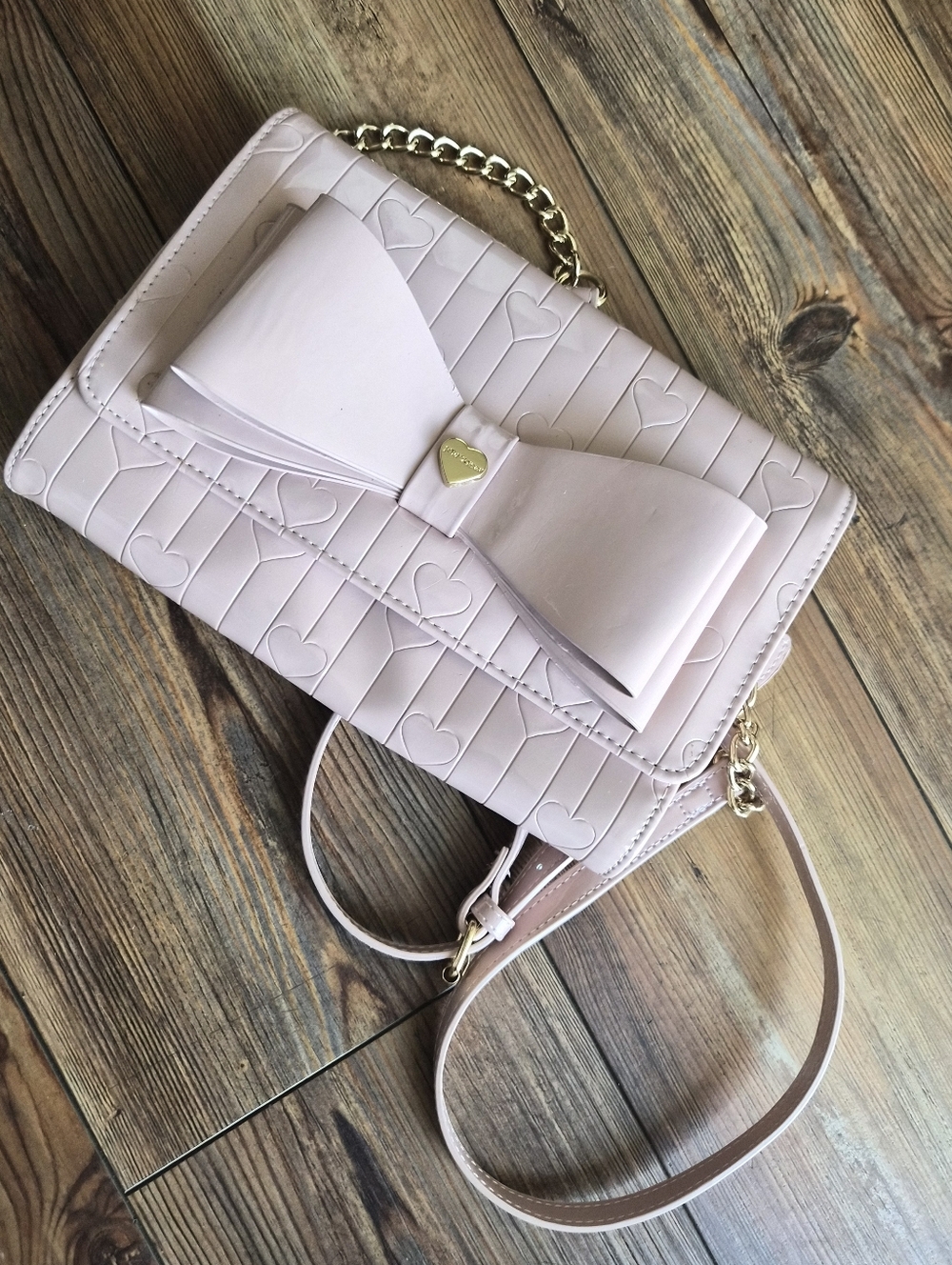 Betsey Johnson Pale Pink Bow Crossbody with Gold Heart Accent